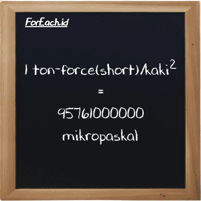 1 ton-force(short)/kaki<sup>2</sup> setara dengan 95761000000 mikropaskal (1 tf/ft<sup>2</sup> setara dengan 95761000000 µPa)